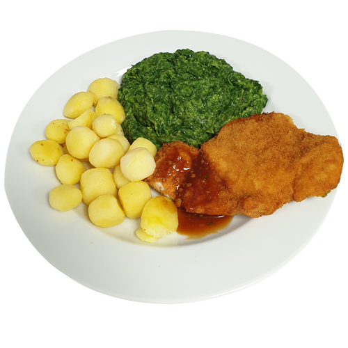 Kipschnitzel Kippenjus Spinazie a la crème Krielaardappelen gekookt